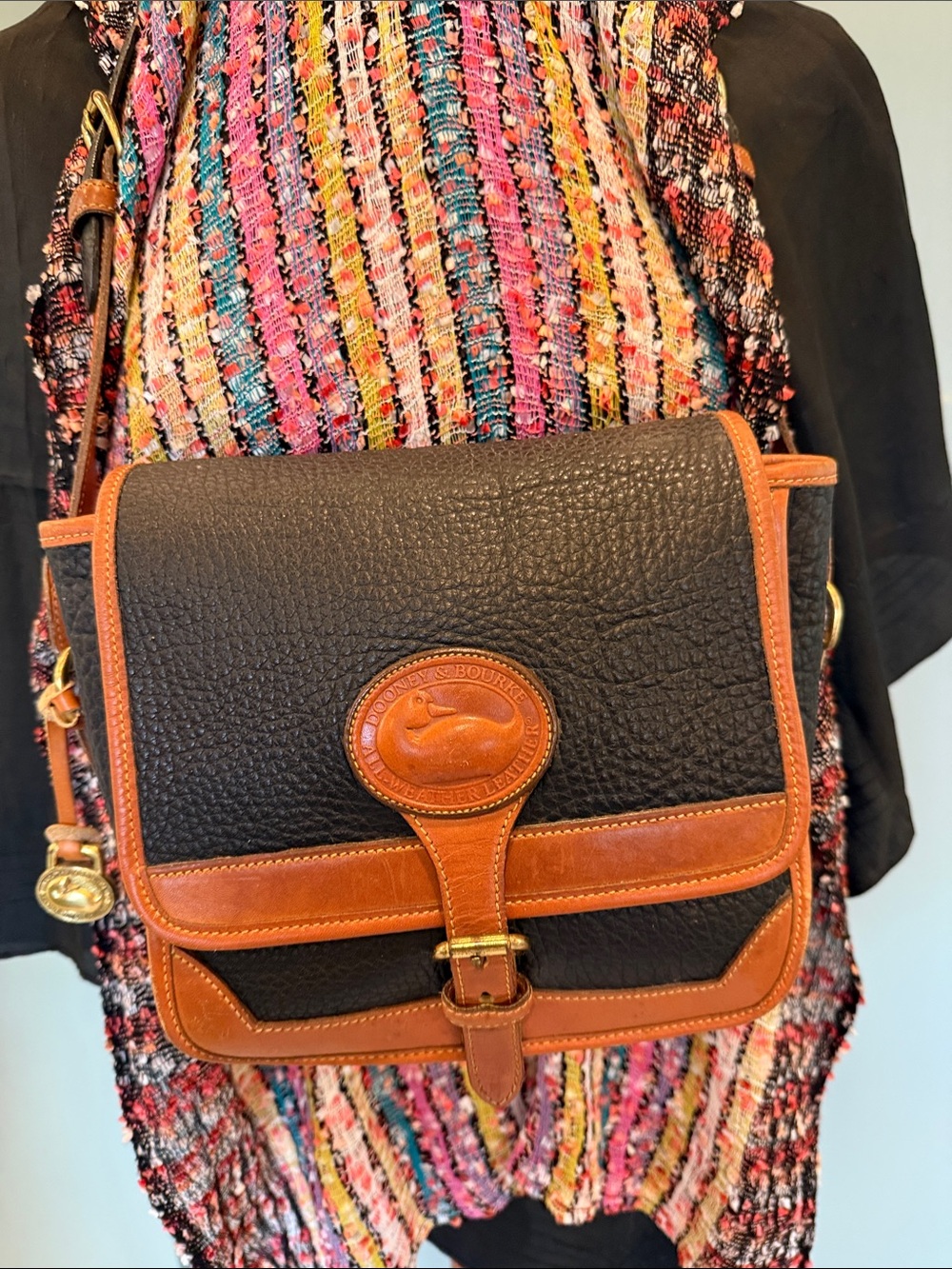 Vintage Dooney & Bourke Black Pebbled Leather Crossbody with Brown Trim